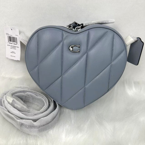 Coach Heart Crossbody With Quilting Nappa Leather In Silver Grey Blue CE725 NWT - Picture 1 of 12